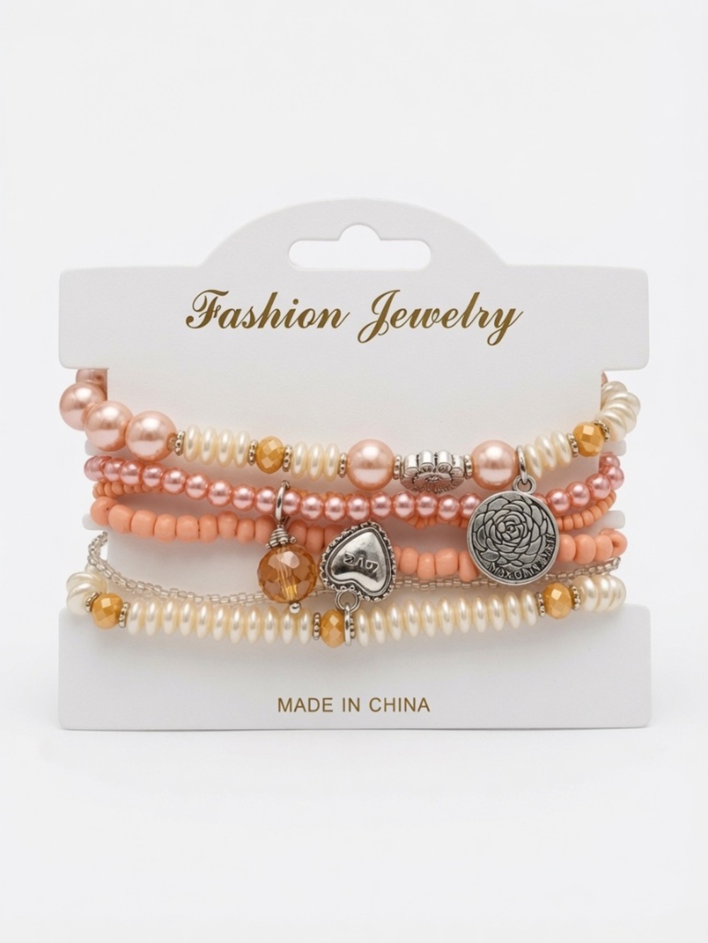 Blush Pink & Pearl Charm Bracelet Set – 5 Pieces